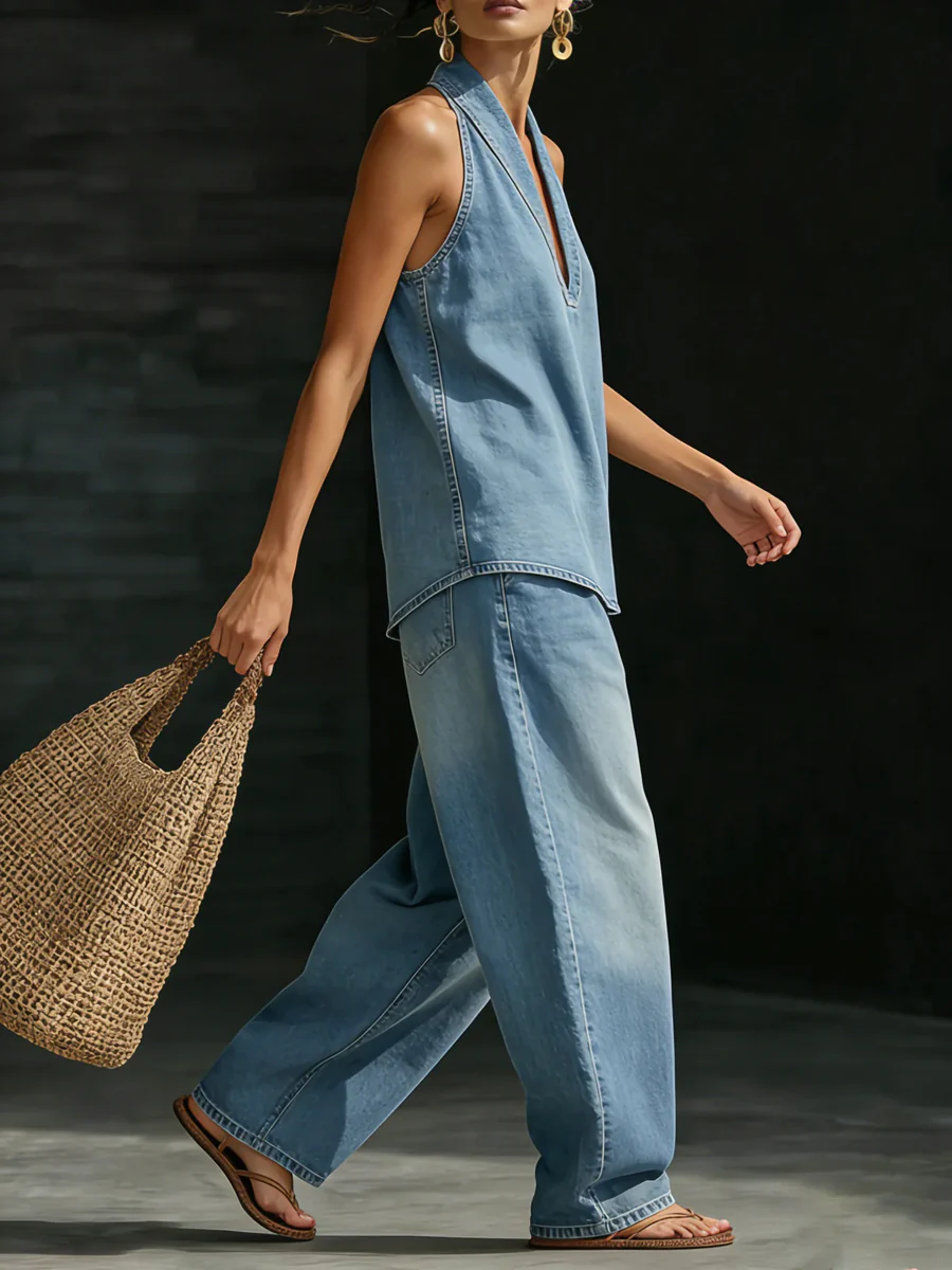Loose Wide Leg Pockets Solid Color Jean Pants Bottoms - Image 7