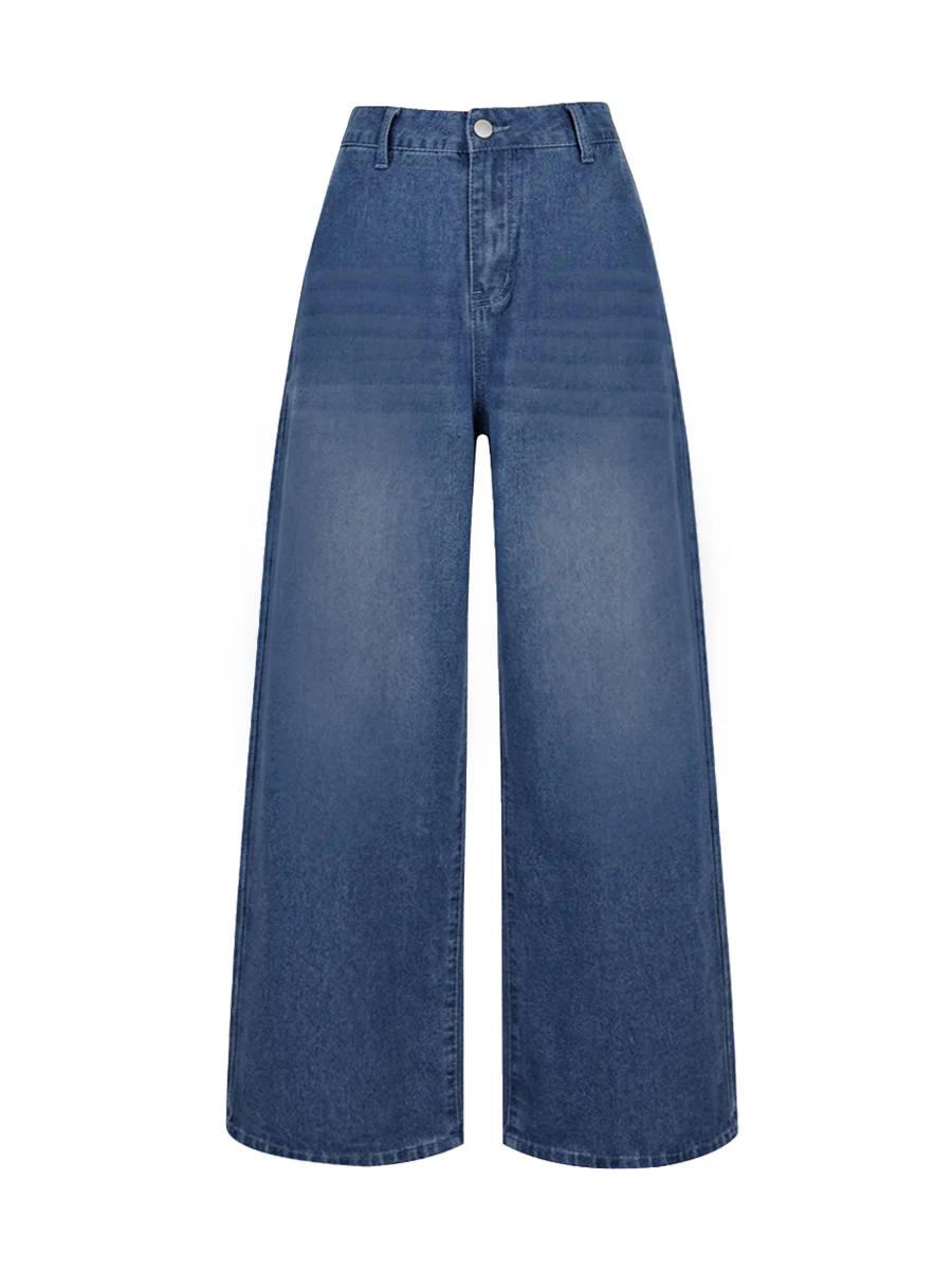 Loose Wide Leg Pockets Solid Color Jean Pants Bottoms - Image 9
