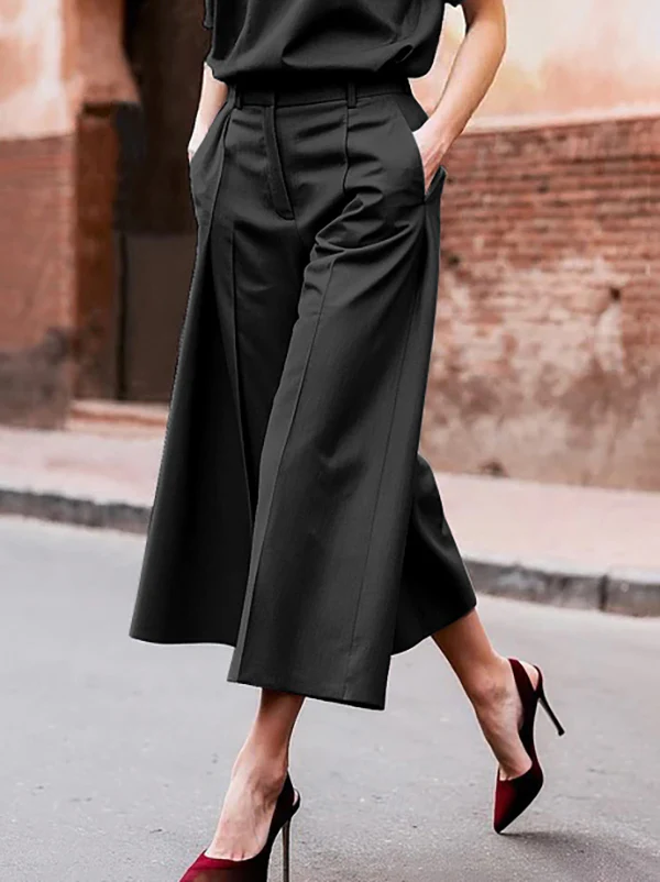 Loose Wide Leg Pockets Solid Color Ninth Pants Trousers - Image 4