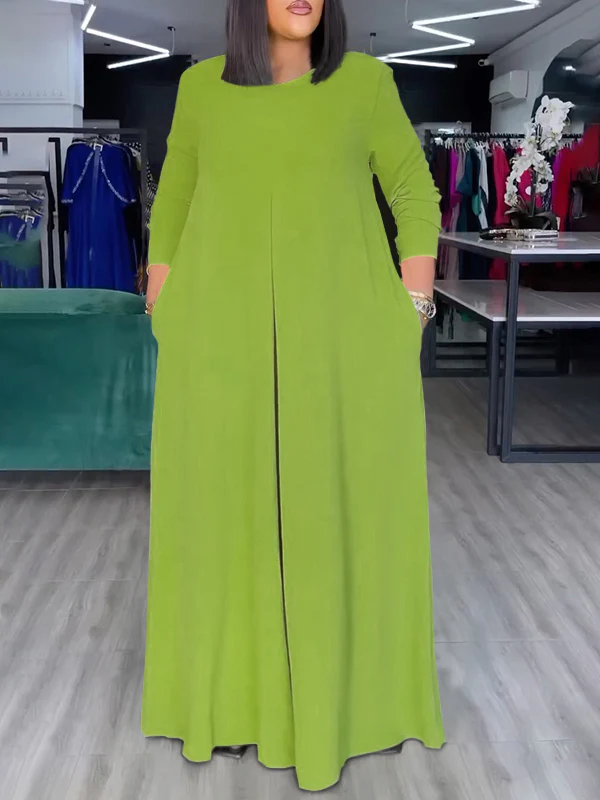 Loose Wide Leg Pockets Solid Color Round-Neck Jumpsuits - Image 13