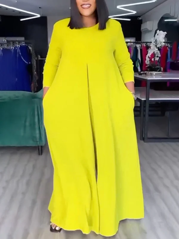 Loose Wide Leg Pockets Solid Color Round-Neck Jumpsuits - Image 2