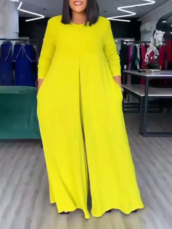 Loose Wide Leg Pockets Solid Color Round-Neck Jumpsuits - Image 3