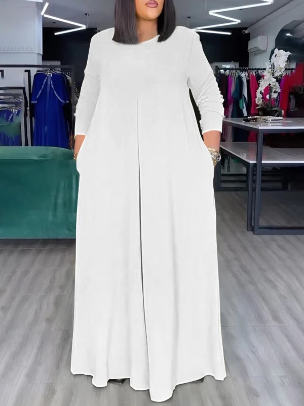 Loose Wide Leg Pockets Solid Color Round-Neck Jumpsuits - Image 4