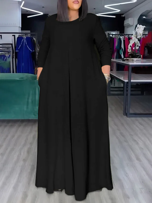 Loose Wide Leg Pockets Solid Color Round-Neck Jumpsuits - Image 5