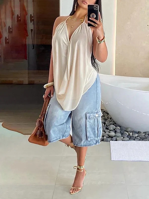 Loose Wide Leg Pockets Split-Joint Denim Half Pants - Image 2
