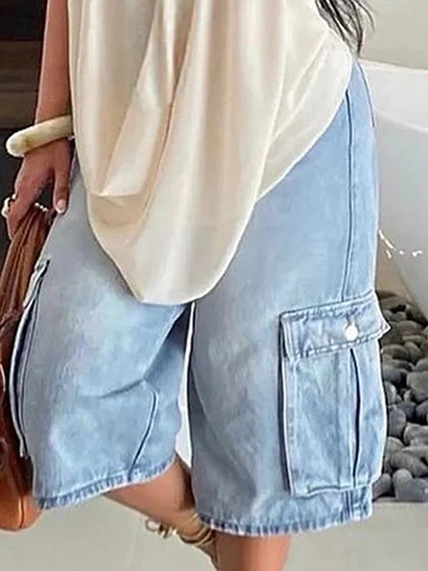 Loose Wide Leg Pockets Split-Joint Denim Half Pants - Image 3