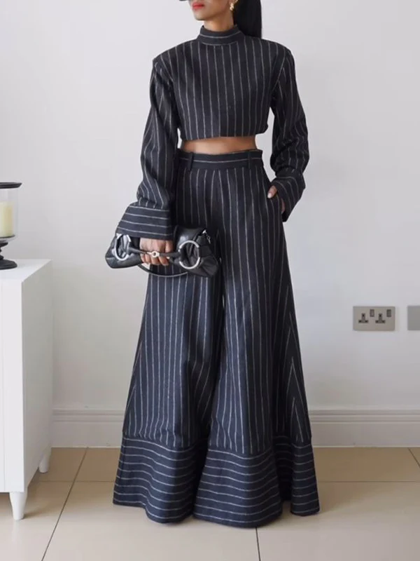 Loose Wide Leg Split-Joint Striped Pants Trousers - Image 2