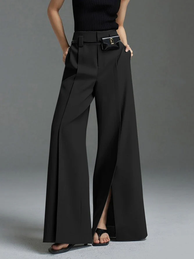 Loose Wide Pants High-Waisted Pleated Split-Front Pants Trousers - Image 8