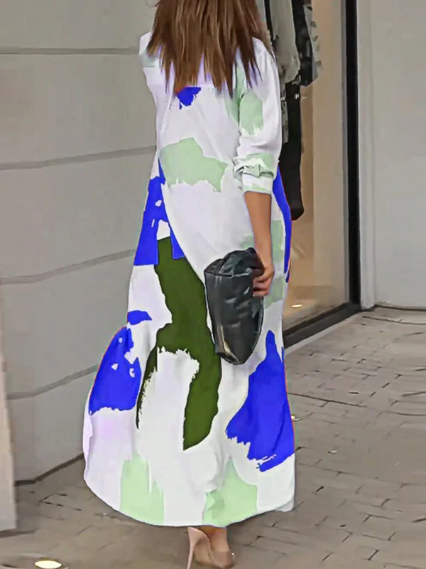 Loose Wrap Buttoned Contrast Color Pockets Printed Split-Side Shirt Dress - Image 11