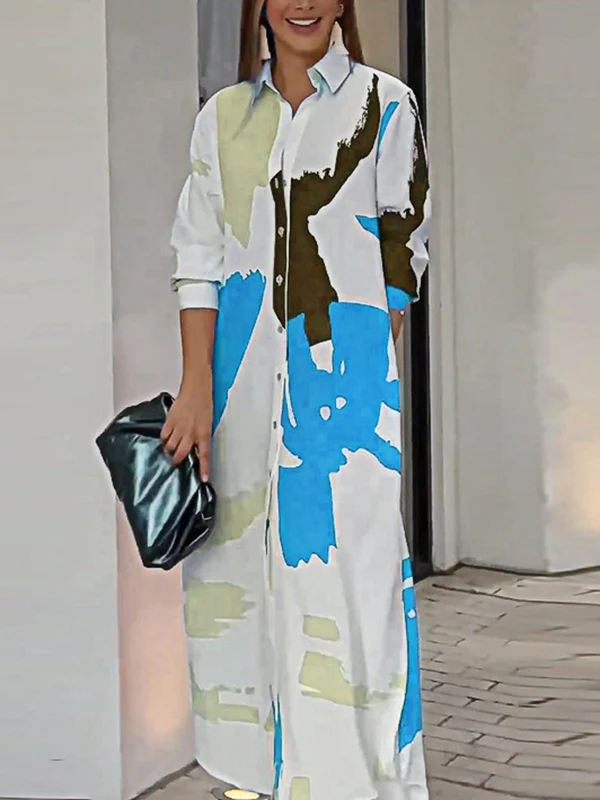 Loose Wrap Buttoned Contrast Color Pockets Printed Split-Side Shirt Dress - Image 12