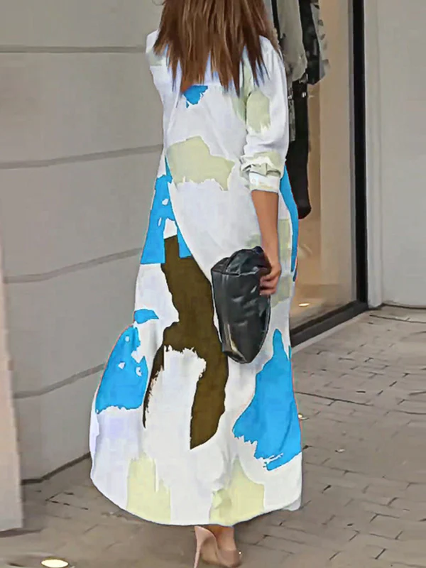 Loose Wrap Buttoned Contrast Color Pockets Printed Split-Side Shirt Dress - Image 14