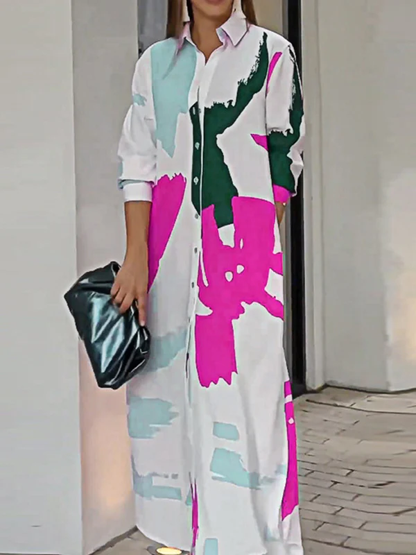 Loose Wrap Buttoned Contrast Color Pockets Printed Split-Side Shirt Dress - Image 15