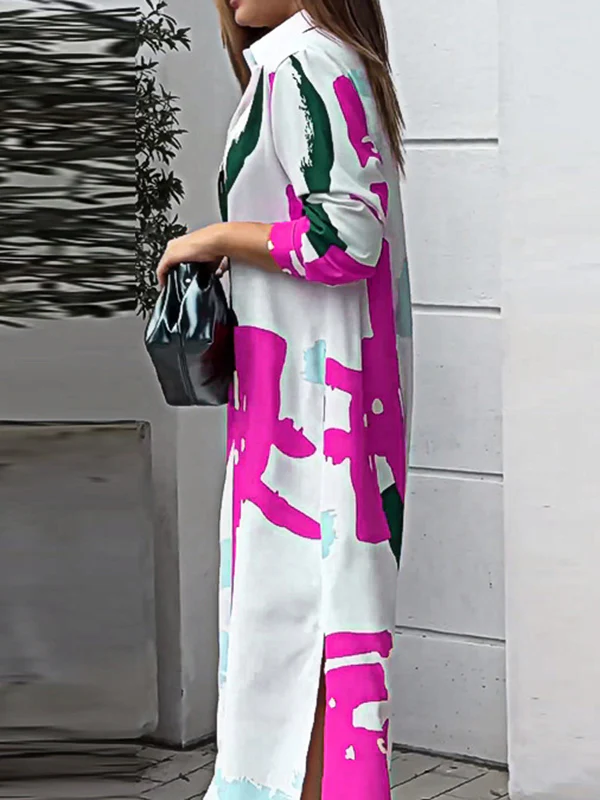 Loose Wrap Buttoned Contrast Color Pockets Printed Split-Side Shirt Dress - Image 16