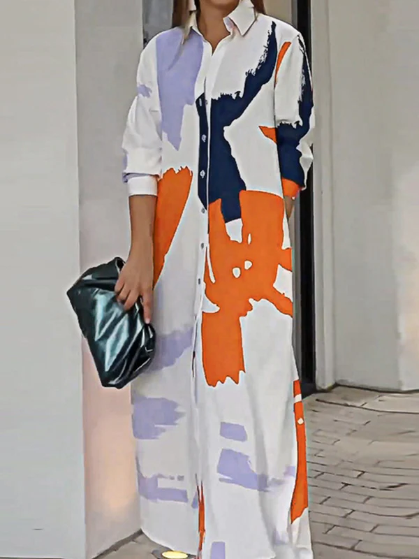 Loose Wrap Buttoned Contrast Color Pockets Printed Split-Side Shirt Dress - Image 18