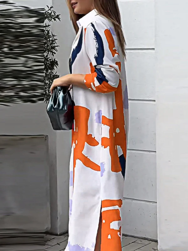 Loose Wrap Buttoned Contrast Color Pockets Printed Split-Side Shirt Dress - Image 19