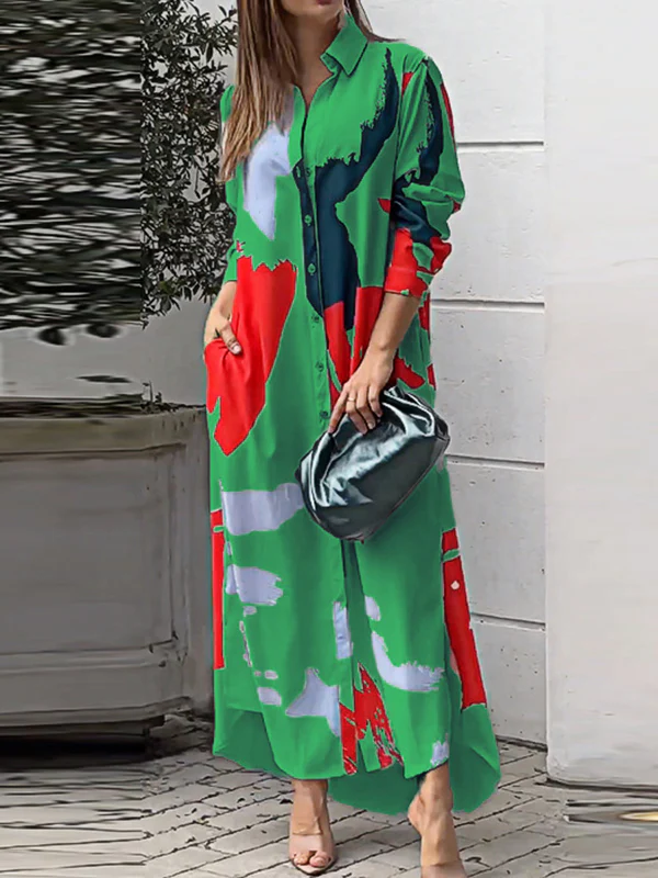 Loose Wrap Buttoned Contrast Color Pockets Printed Split-Side Shirt Dress - Image 2