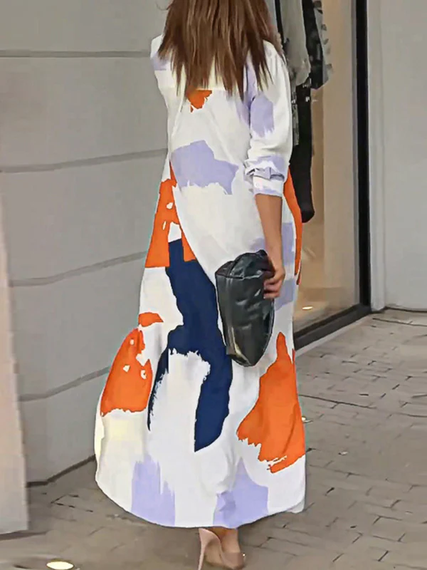 Loose Wrap Buttoned Contrast Color Pockets Printed Split-Side Shirt Dress - Image 20