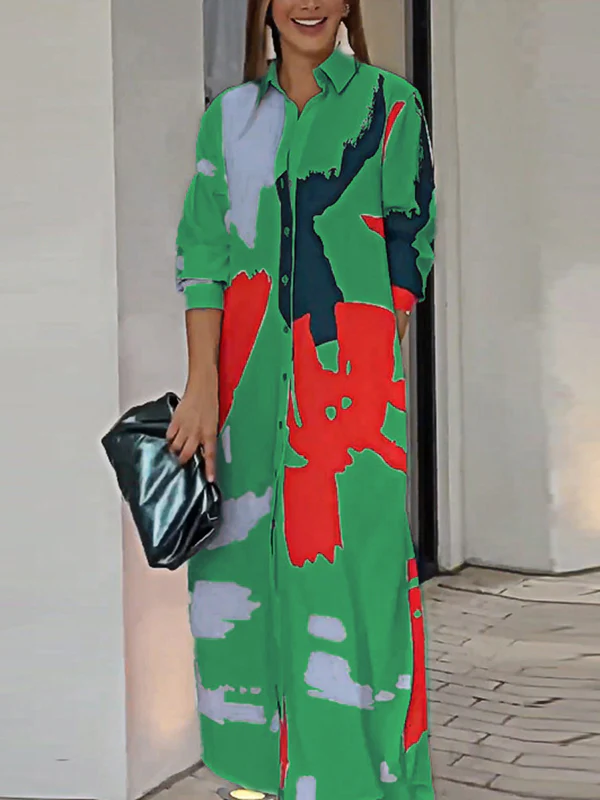 Loose Wrap Buttoned Contrast Color Pockets Printed Split-Side Shirt Dress - Image 21