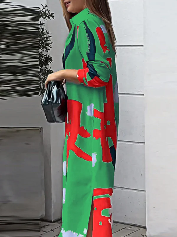 Loose Wrap Buttoned Contrast Color Pockets Printed Split-Side Shirt Dress - Image 22