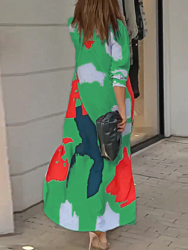 Loose Wrap Buttoned Contrast Color Pockets Printed Split-Side Shirt Dress - Image 23