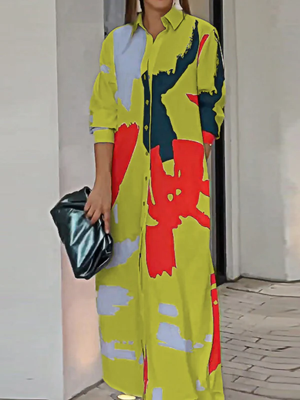 Loose Wrap Buttoned Contrast Color Pockets Printed Split-Side Shirt Dress - Image 24