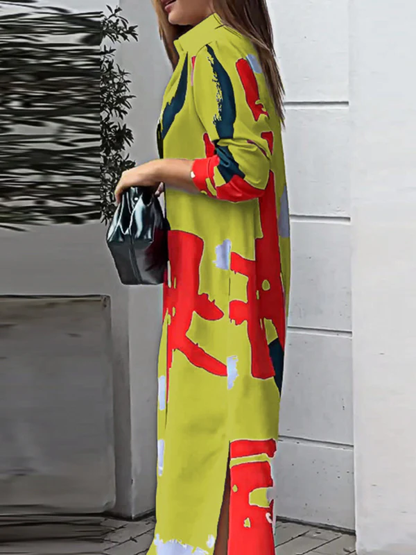 Loose Wrap Buttoned Contrast Color Pockets Printed Split-Side Shirt Dress - Image 25