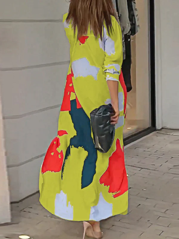 Loose Wrap Buttoned Contrast Color Pockets Printed Split-Side Shirt Dress - Image 26