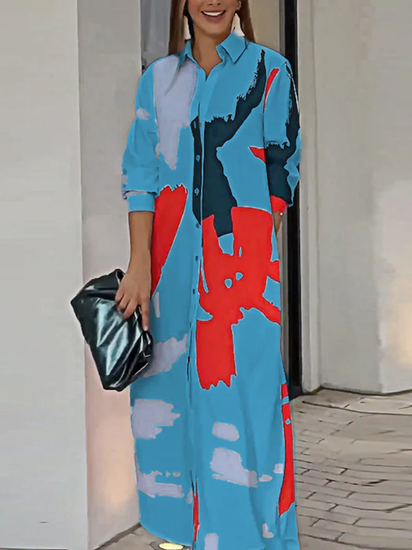 Loose Wrap Buttoned Contrast Color Pockets Printed Split-Side Shirt Dress - Image 27