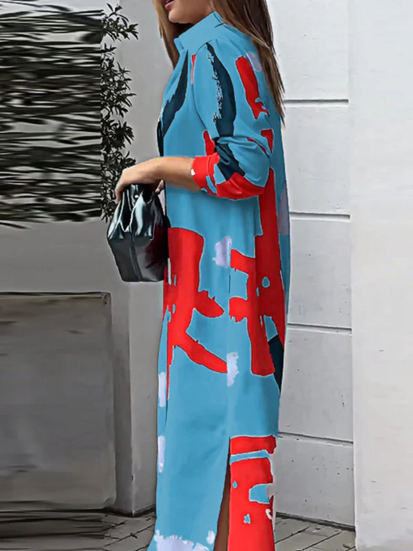 Loose Wrap Buttoned Contrast Color Pockets Printed Split-Side Shirt Dress - Image 28