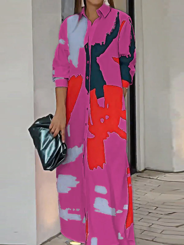 Loose Wrap Buttoned Contrast Color Pockets Printed Split-Side Shirt Dress - Image 30