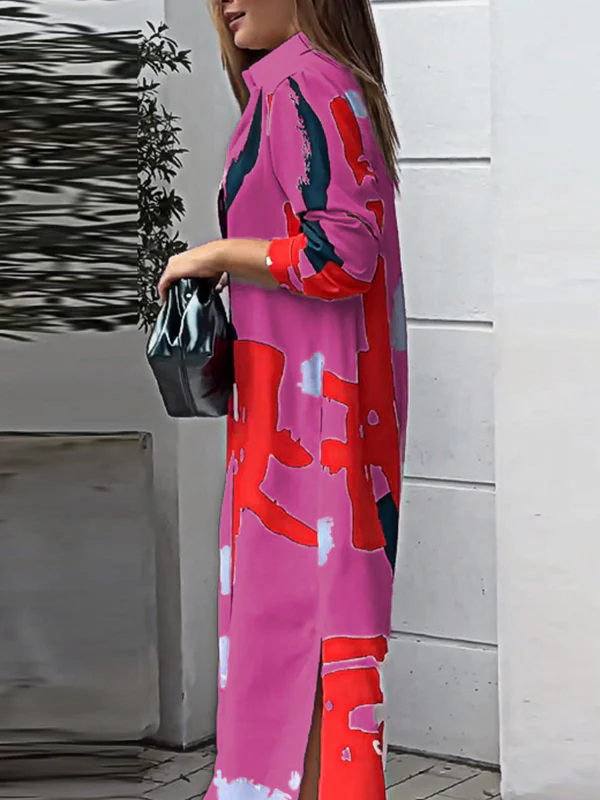 Loose Wrap Buttoned Contrast Color Pockets Printed Split-Side Shirt Dress - Image 31