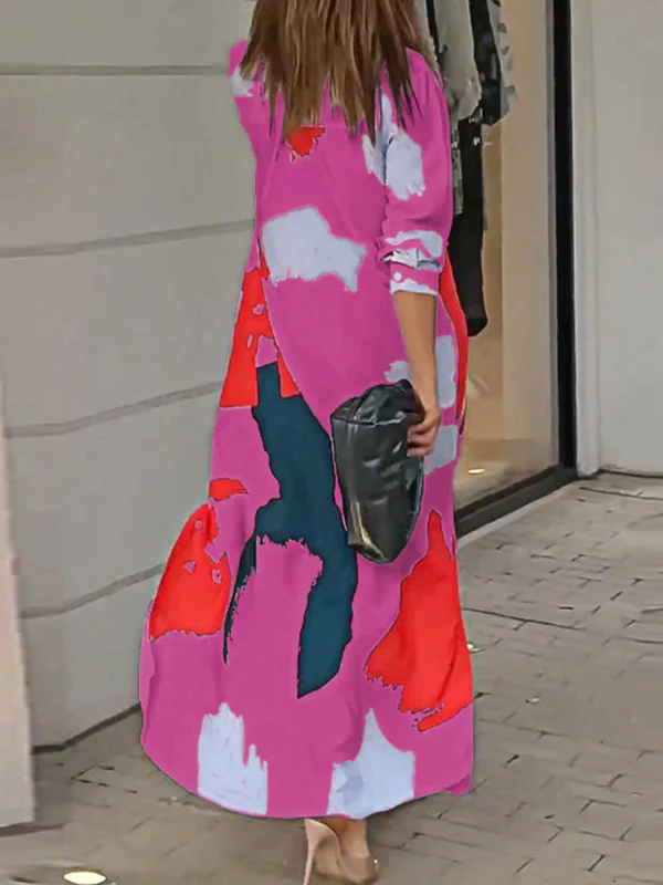 Loose Wrap Buttoned Contrast Color Pockets Printed Split-Side Shirt Dress - Image 32