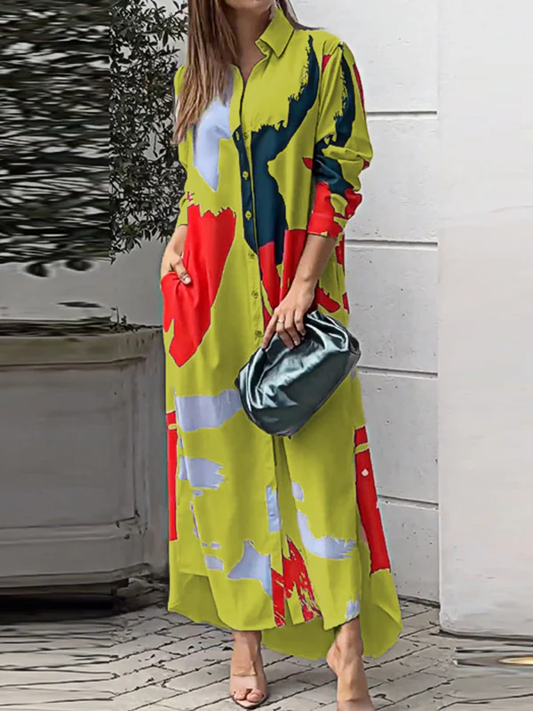 Loose Wrap Buttoned Contrast Color Pockets Printed Split-Side Shirt Dress - Image 4