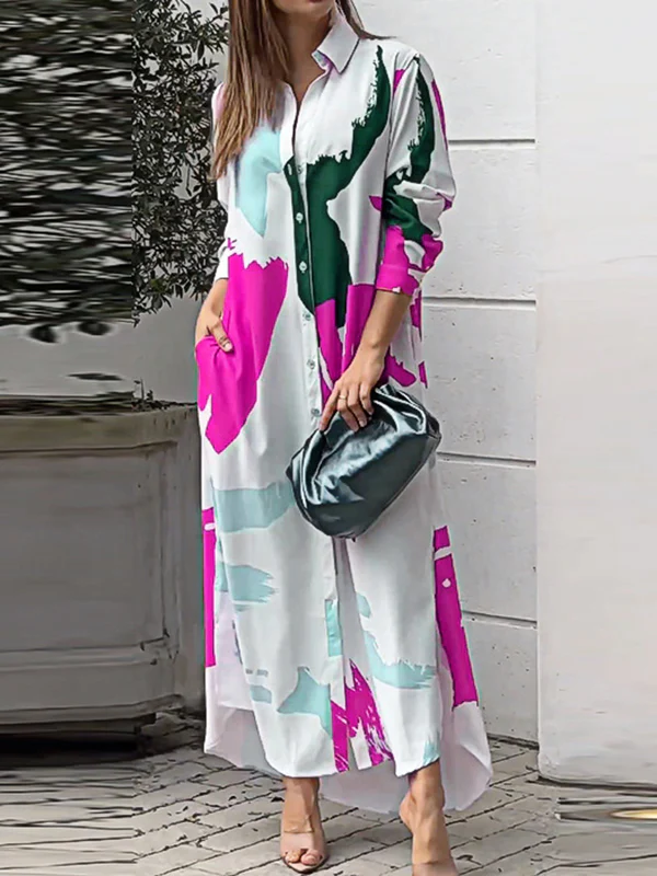 Loose Wrap Buttoned Contrast Color Pockets Printed Split-Side Shirt Dress - Image 5