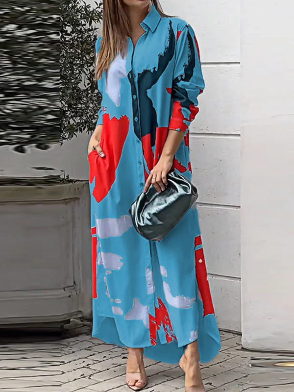 Loose Wrap Buttoned Contrast Color Pockets Printed Split-Side Shirt Dress - Image 7