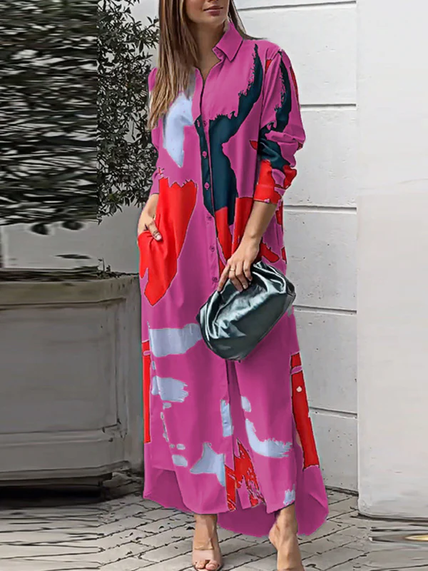 Loose Wrap Buttoned Contrast Color Pockets Printed Split-Side Shirt Dress - Image 8