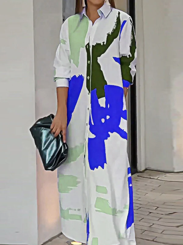 Loose Wrap Buttoned Contrast Color Pockets Printed Split-Side Shirt Dress - Image 9
