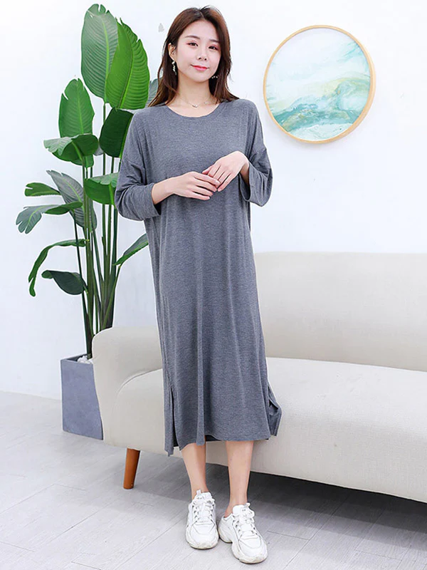 Modal Long Sleeve Split-Side Loose Pajamas Dress - Image 10