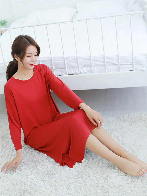 Modal Long Sleeve Split-Side Loose Pajamas Dress - Image 12
