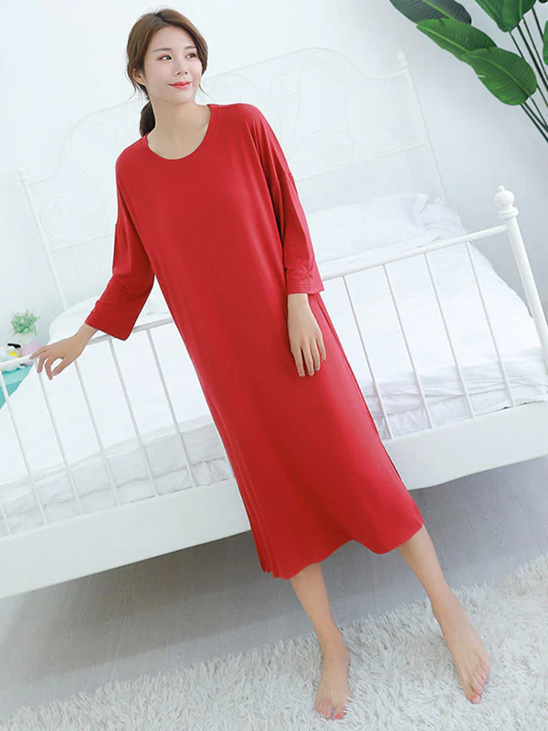 Modal Long Sleeve Split-Side Loose Pajamas Dress - Image 13
