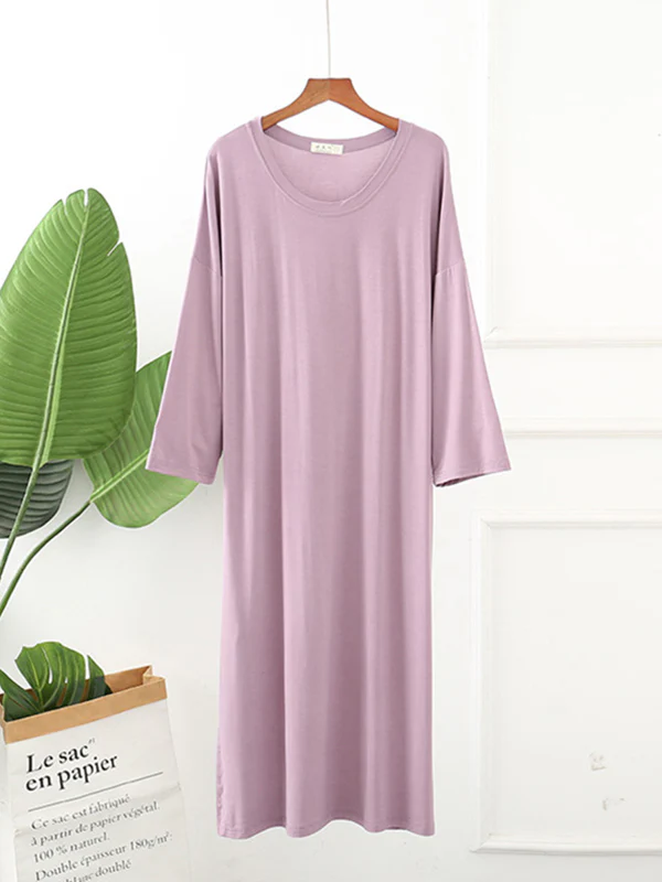 Modal Long Sleeve Split-Side Loose Pajamas Dress - Image 14
