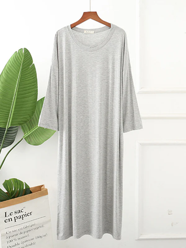 Modal Long Sleeve Split-Side Loose Pajamas Dress - Image 15