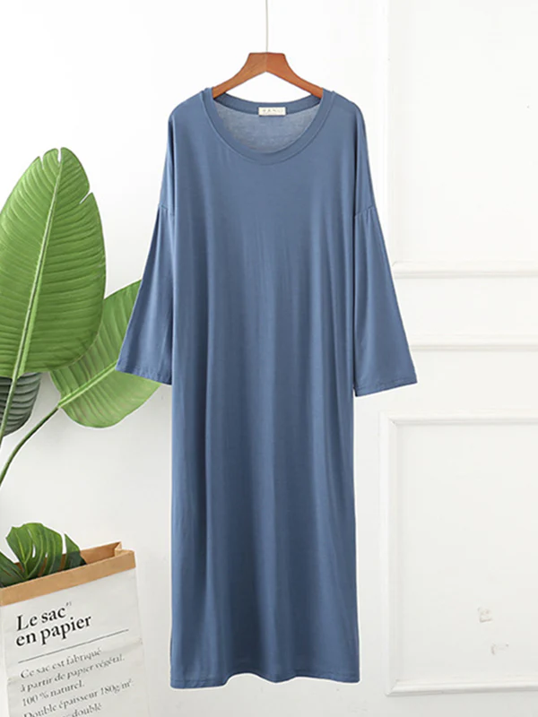 Modal Long Sleeve Split-Side Loose Pajamas Dress - Image 16