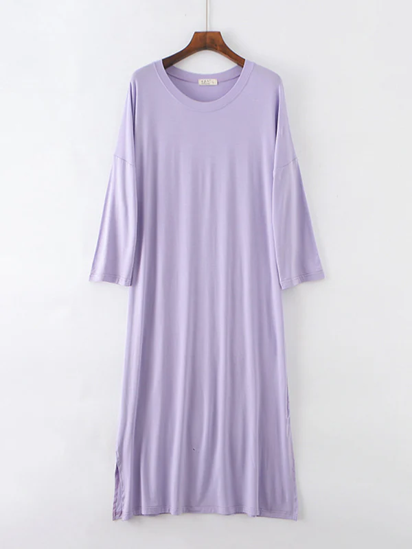 Modal Long Sleeve Split-Side Loose Pajamas Dress - Image 17