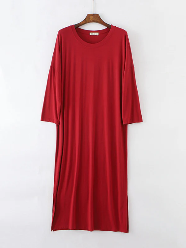 Modal Long Sleeve Split-Side Loose Pajamas Dress - Image 18