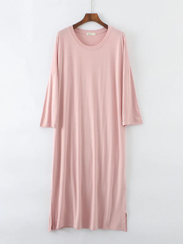 Modal Long Sleeve Split-Side Loose Pajamas Dress - Image 19