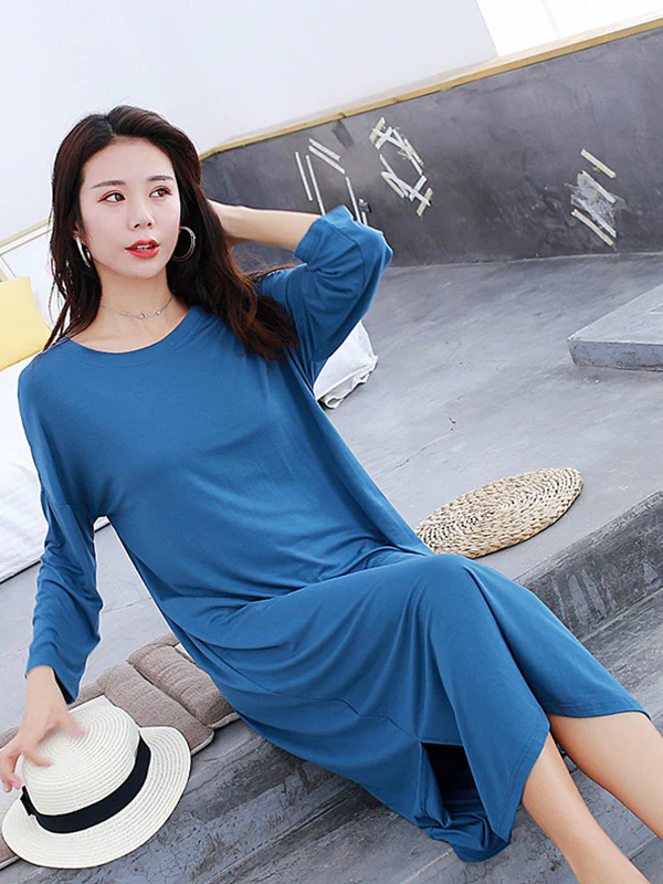 Modal Long Sleeve Split-Side Loose Pajamas Dress - Image 2