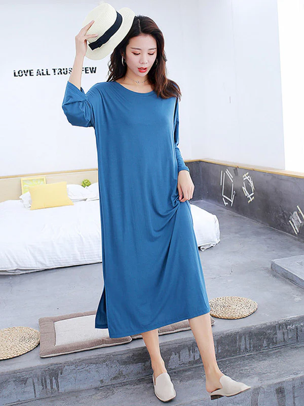 Modal Long Sleeve Split-Side Loose Pajamas Dress - Image 3