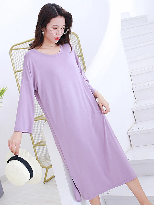 Modal Long Sleeve Split-Side Loose Pajamas Dress - Image 4
