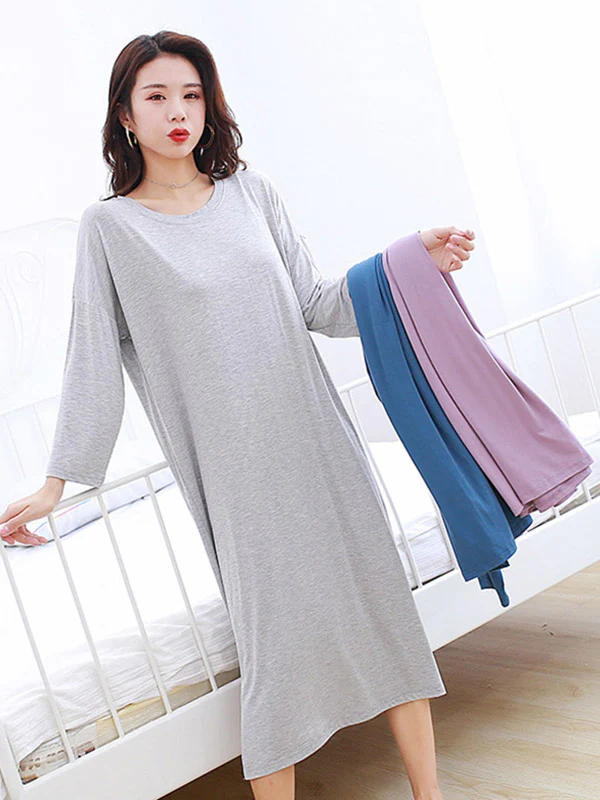 Modal Long Sleeve Split-Side Loose Pajamas Dress - Image 5
